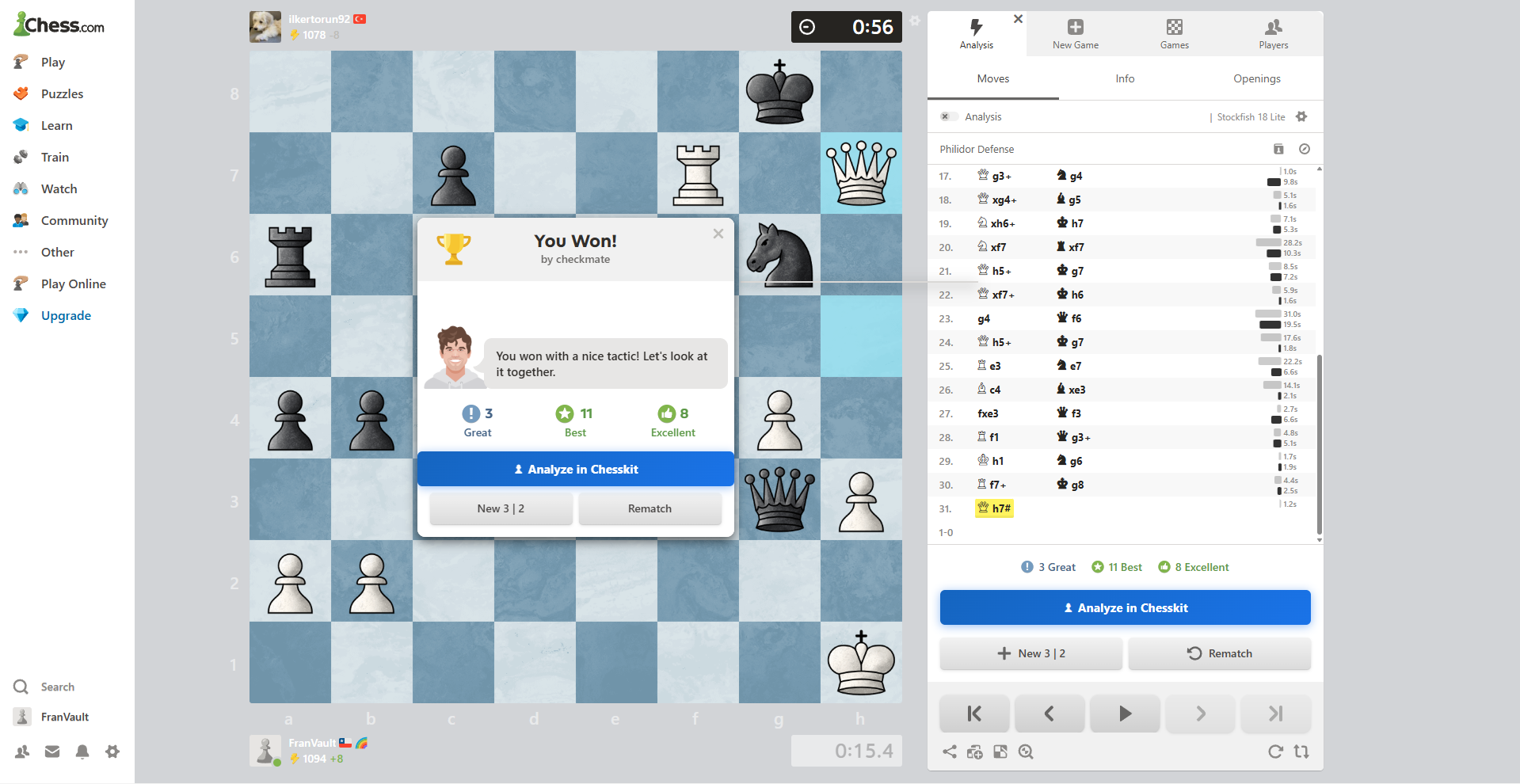 Chess.com result modal with Analyze in Chesskit button